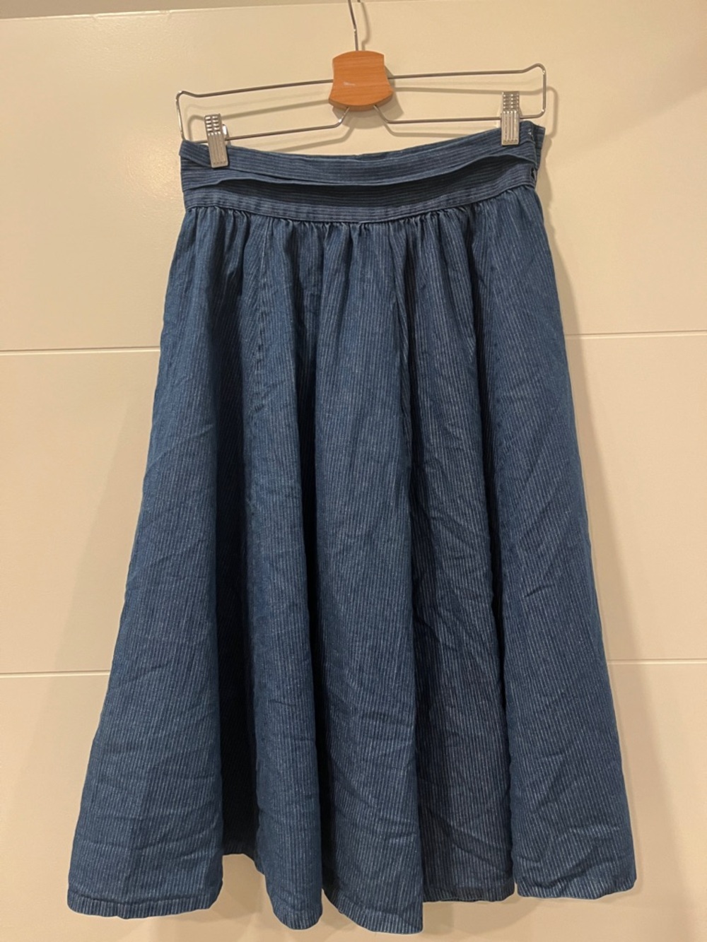 VINTAGE Blue Denim Midi Skirt - Full A-Line Silhouette